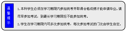 流程圖: 可選過程: 1.本科學(xué)生必須在學(xué)習(xí)期限內(nèi)參加統(tǒng)考并取得合格成績(jī)才能申請(qǐng)畢業(yè)。請(qǐng)盡早參加考試，到最長(zhǎng)學(xué)習(xí)期限后不能參加統(tǒng)考。  2.學(xué)生在學(xué)習(xí)期限內(nèi)可多次參加統(tǒng)考，每次參加考試的門次由學(xué)生自定。      